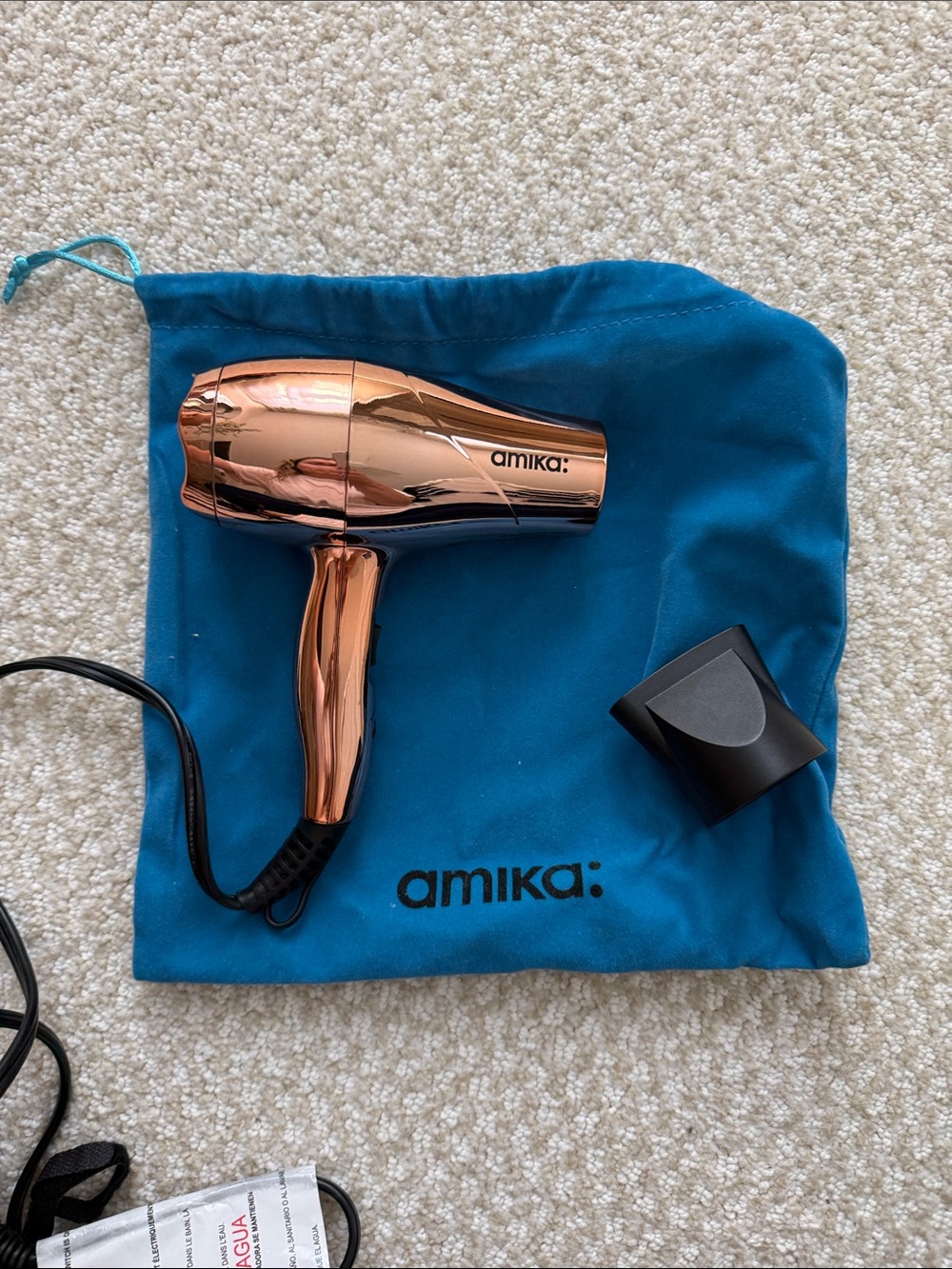 amika Rose Gold Mini Hair Dryer with Teal Drawstring Pouch